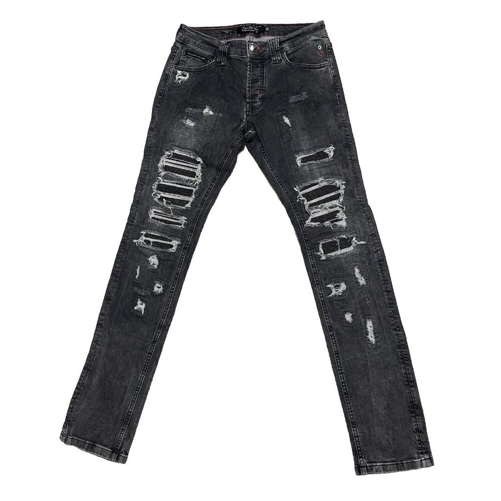 PHILIPP PLEIN Gray Wash Denim Skinny Fit Distressed Jeans Size 28 X 31 Italian